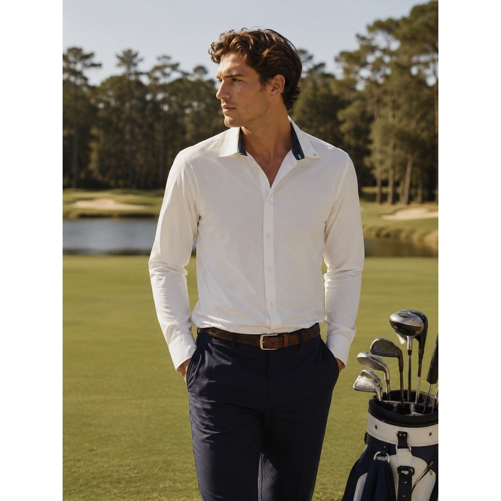 William Murray Golf Mens White Long Sleeve Performance Button Down Shirt Large